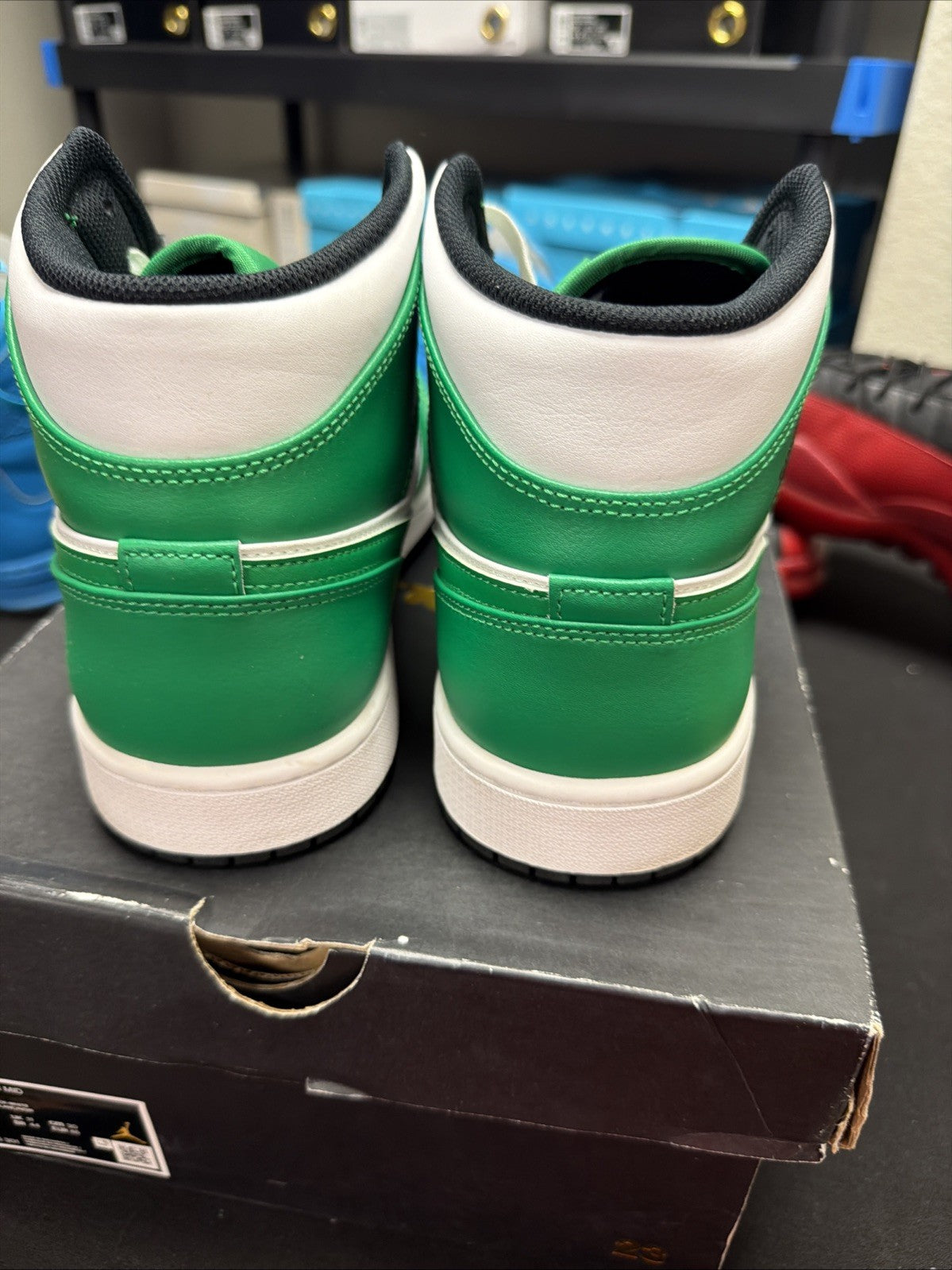 Men's Nike Air Jordan 1 Mid Size 12 Green White Athletic Leather Shoes Sneakers - product image from the listing.