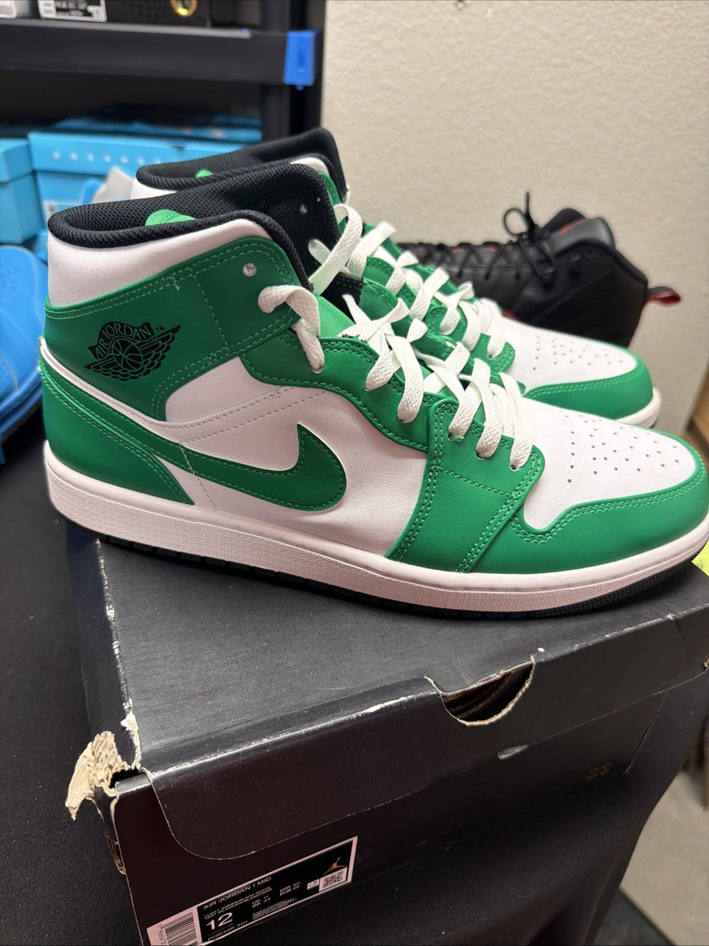 Men's Nike Air Jordan 1 Mid Size 12 Green White Athletic Leather Shoes Sneakers - product image from the listing.