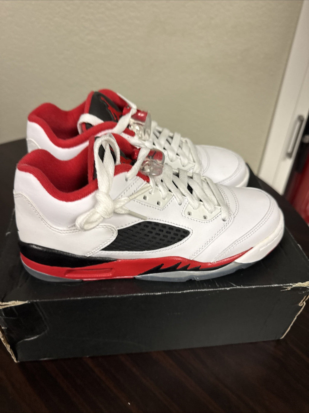 Air Jordan 5 Retro Low GS White Red Black Boys Sneakers US Size 5Y - product image from the listing.