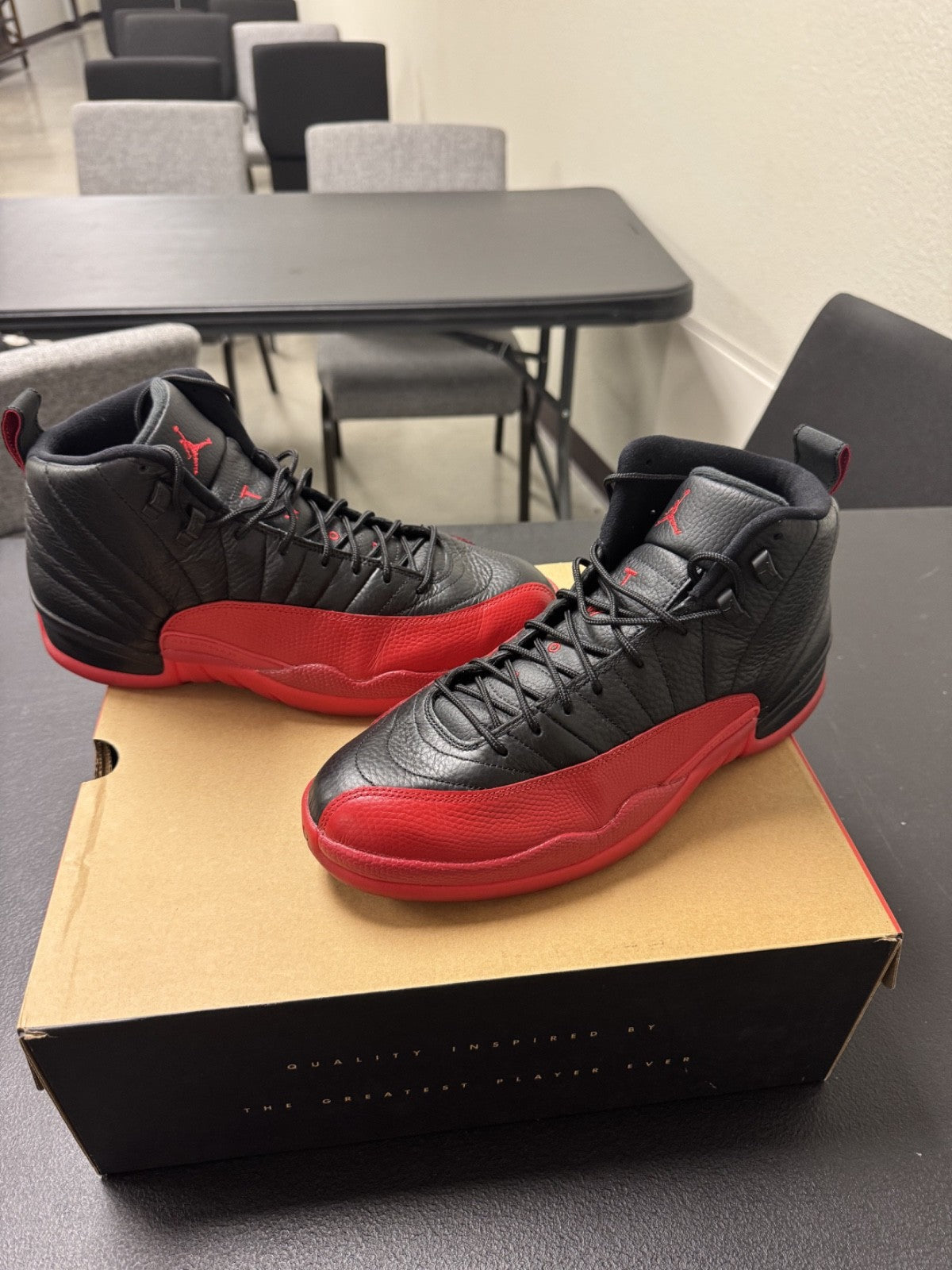 Air Jordan 12 Flu Game Black Red High Top Men's Basketball Sneakers - product image from the listing.