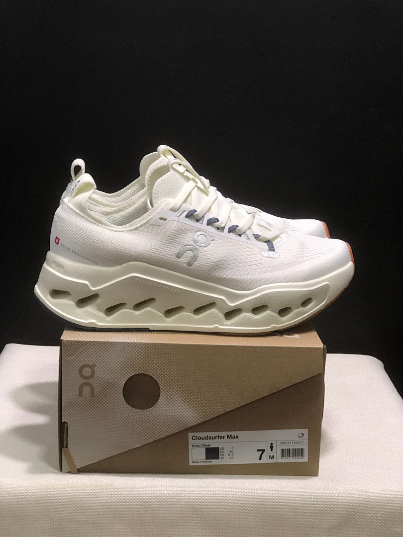 On Cloudsurfer Max Ivory Steel Running Shoes in Grey - product image from the listing.