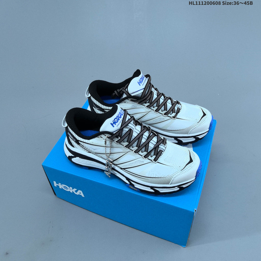 HOKA Mafate Speed 2 Low Trail Running Shoes, in White Black Blue - product image from the listing.