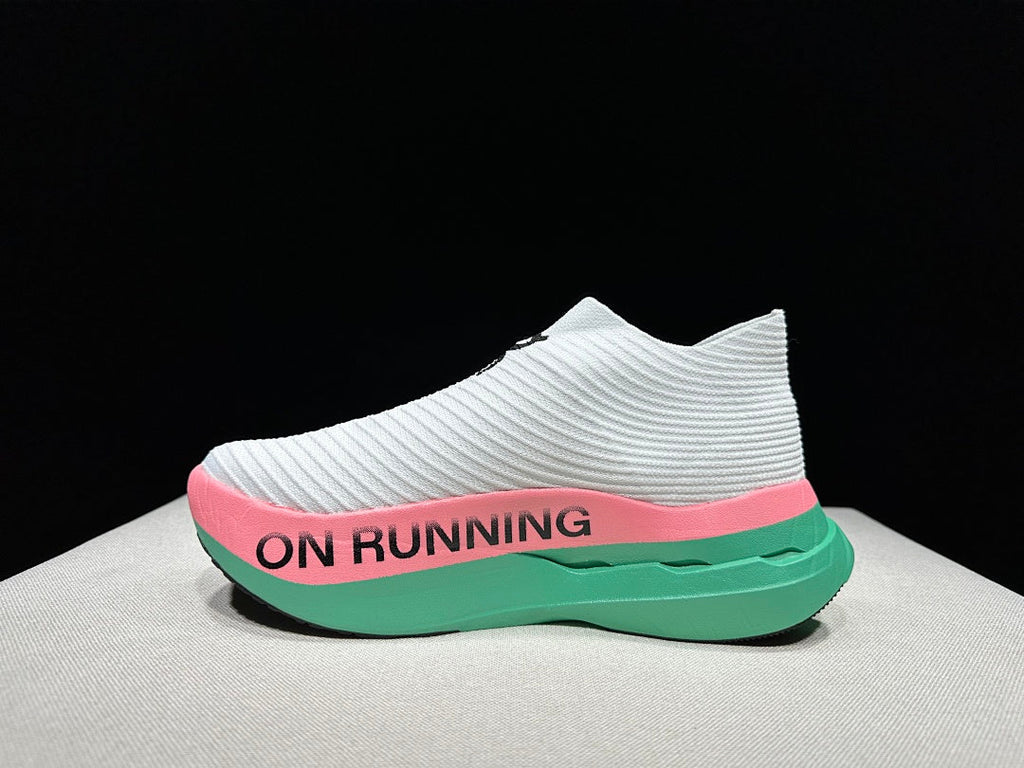 On Cloudboom Strike LS Running Shoes, in White Pink Green - product image from the listing.