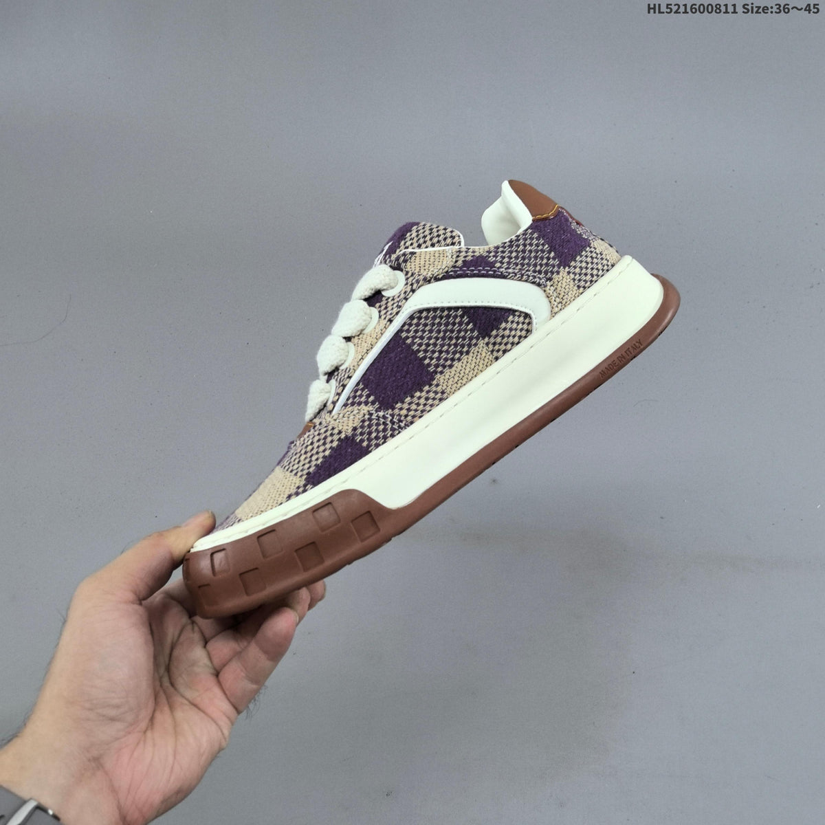 Louis Vuitton Trainer Low Trainers in Purple and Beige Check - product image from the listing.