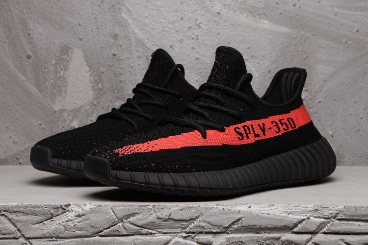 Yeezy 350 V2 Sneakers in Black and Red Knit - product image from the listing.