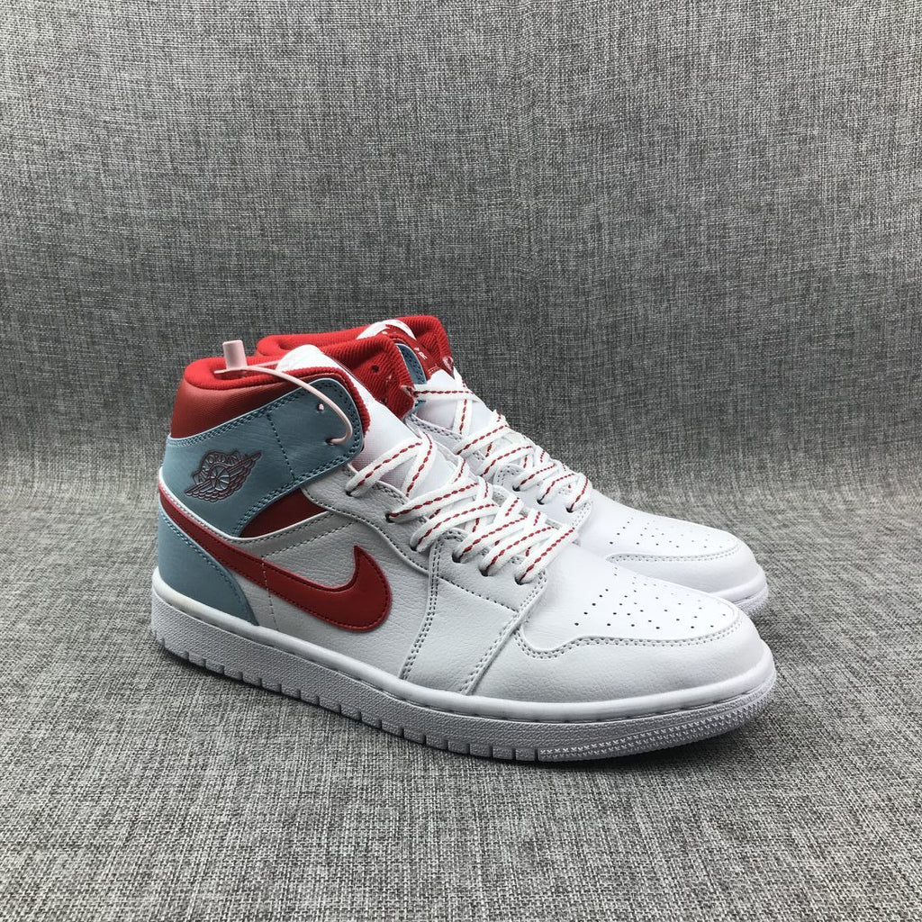 Air Jordan 1 Mid Sneakers in Ice Blue White and Red 555112-104 - product image from the listing.