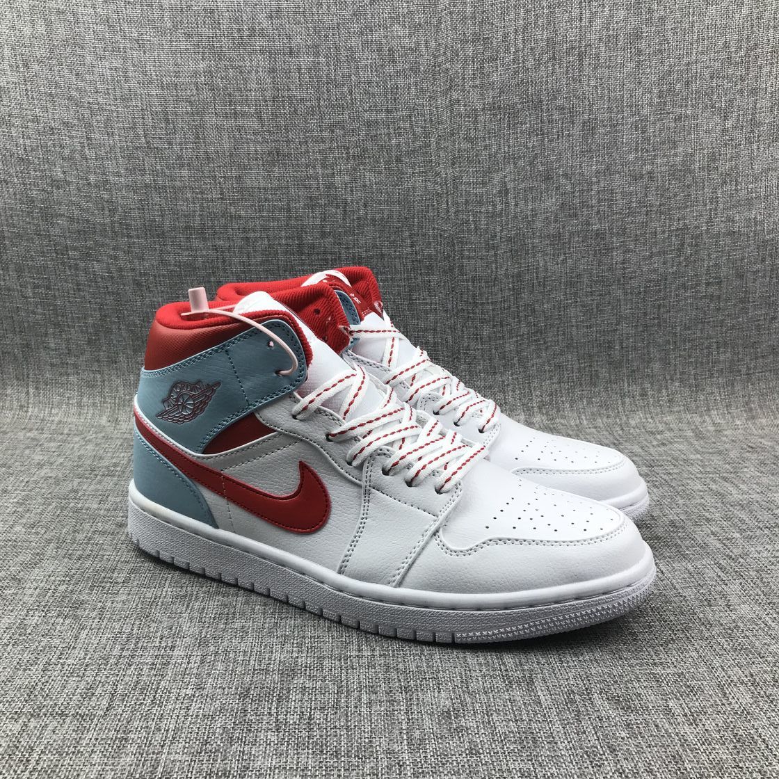 Air Jordan 1 Mid Sneakers in Ice Blue White and Red 555112-104 - product image from the listing.