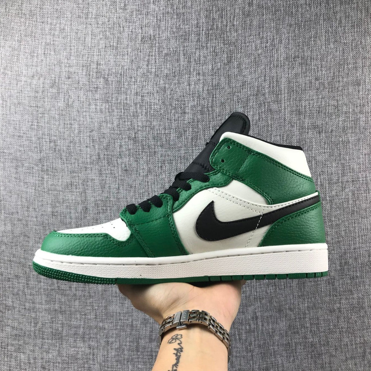 Air Jordan 1 Mid SE Sneakers in White Green Black - product image from the listing.