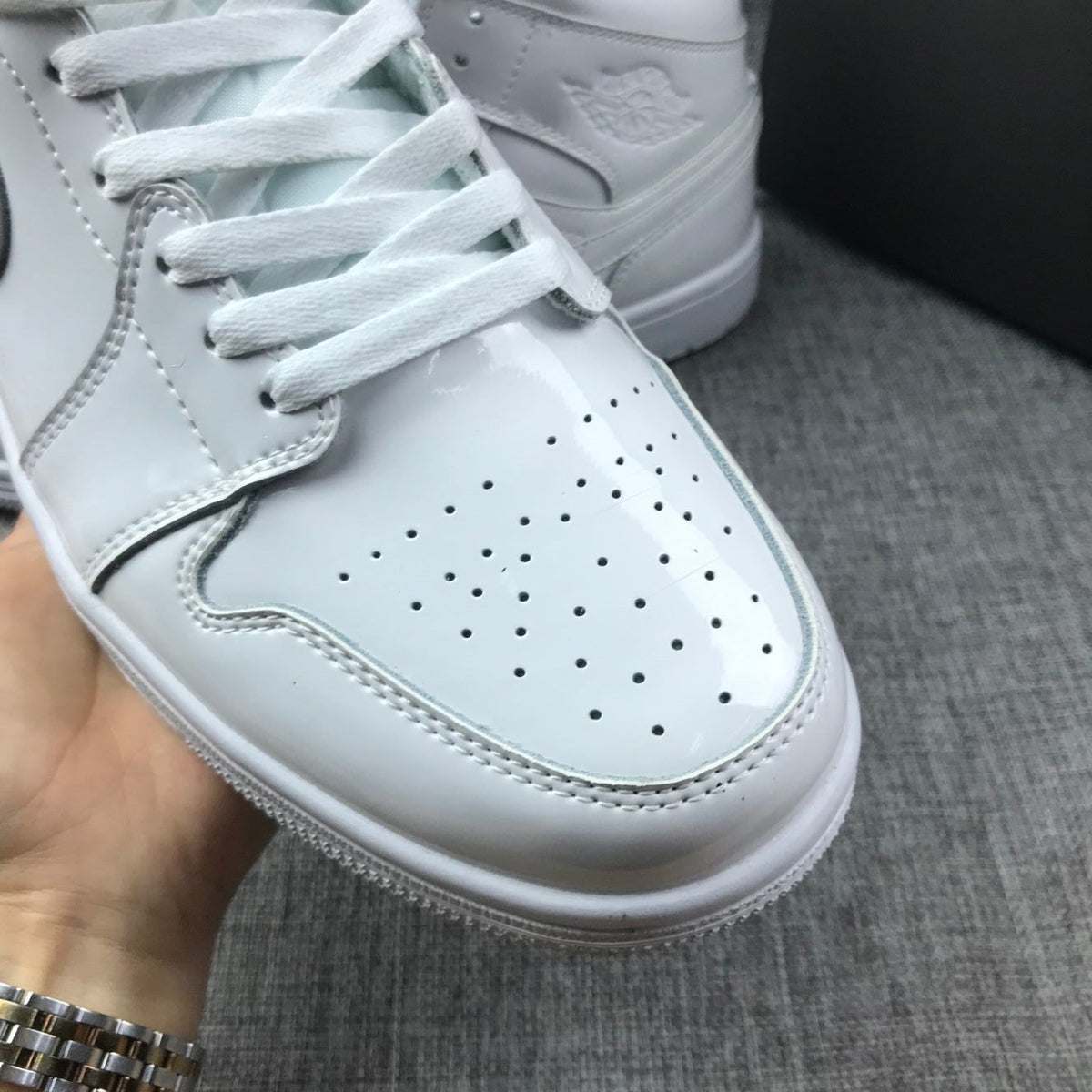 Air Jordan 1 Mid White Patent-Style Sneakers BQ6472-111 - product image from the listing.