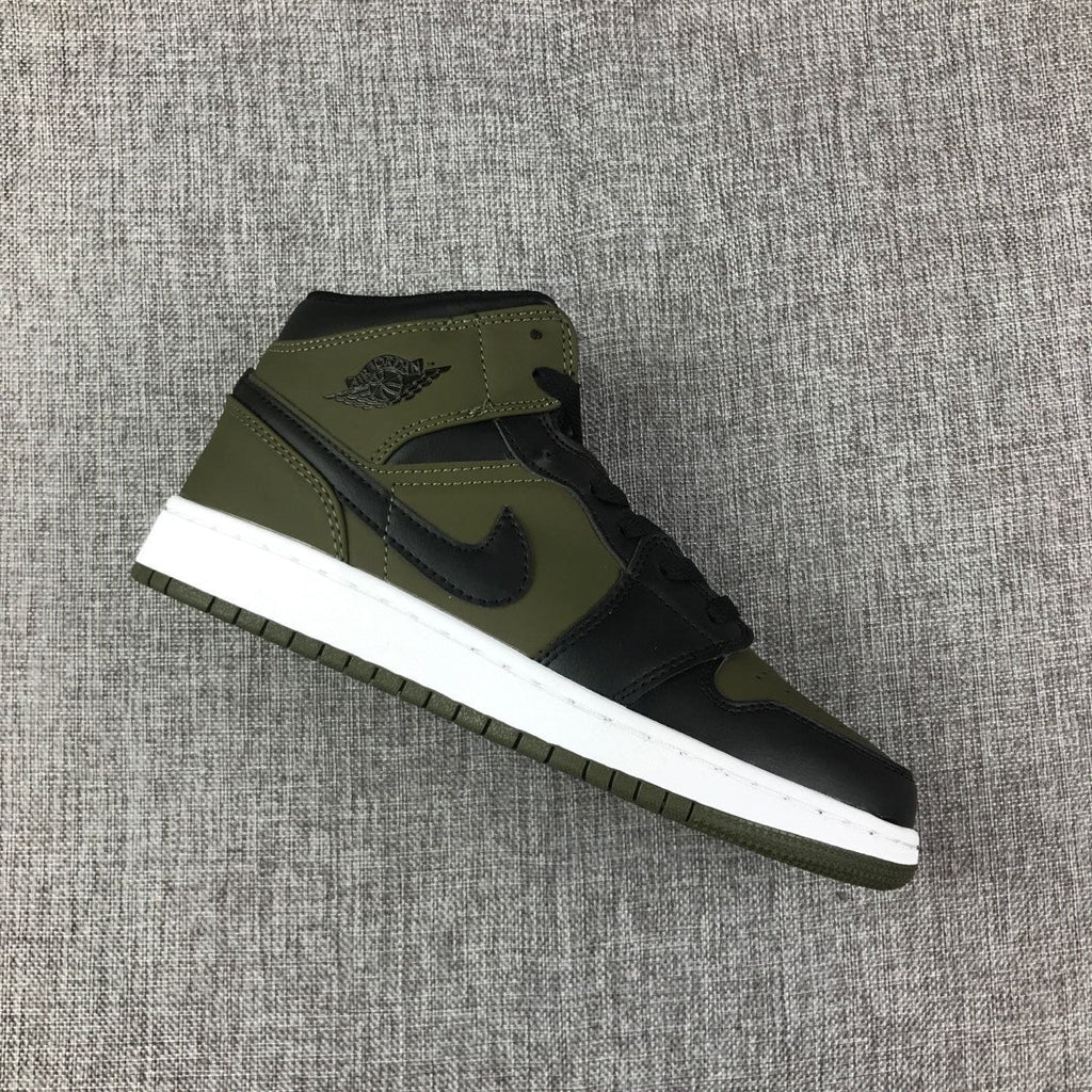 Black and Olive Green Jordan 1 Mid Sneakers - product image from the listing.