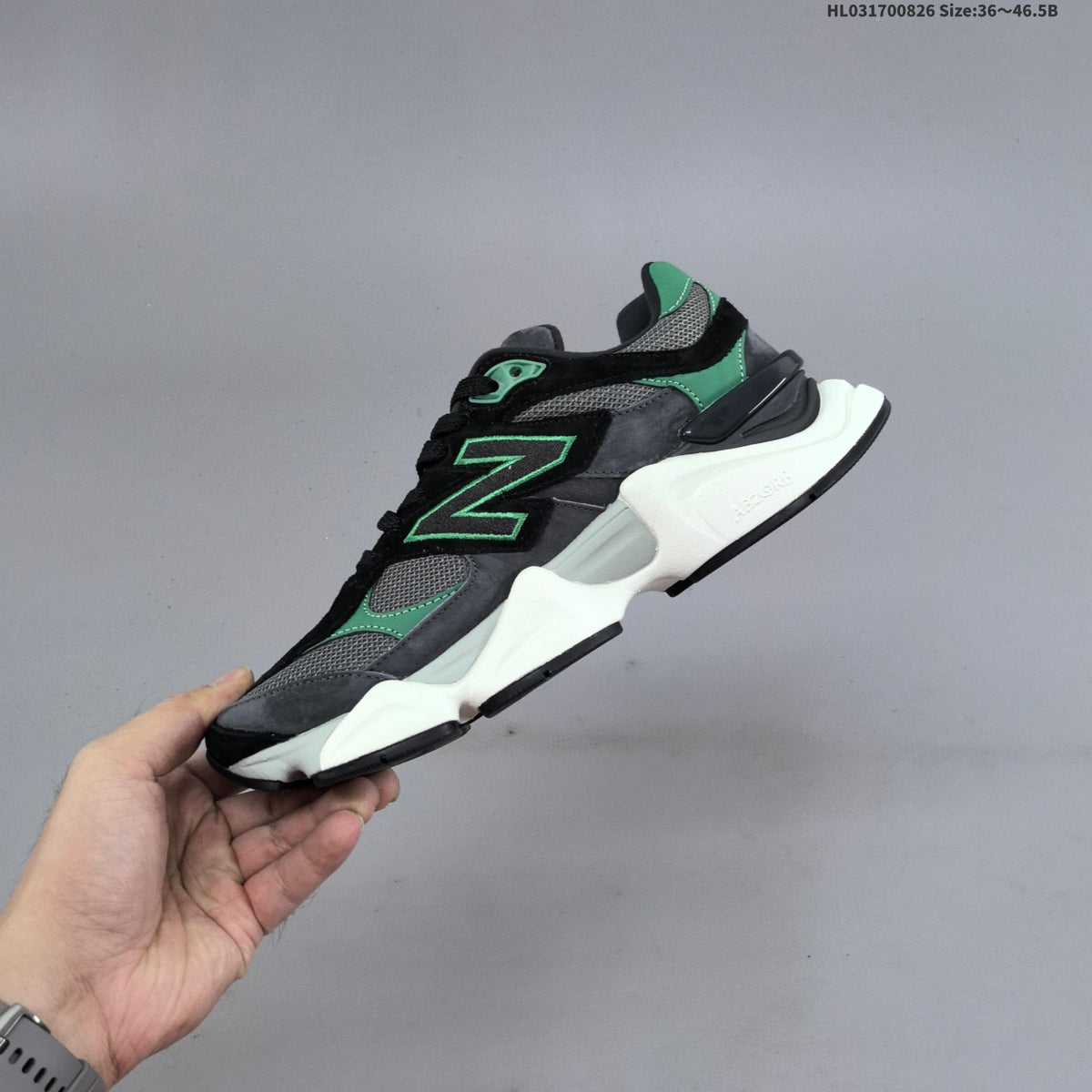 Charcoal and Green New Balance 9060 Sneakers - product image from the listing.