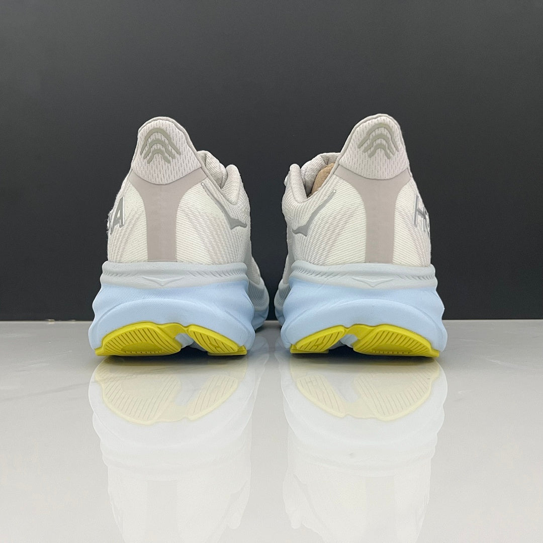 Gray and Blue HOKA Clifton 9 Running Shoes - product image from the listing.