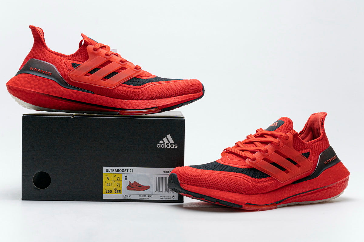 adidas Ultraboost 21 Running Shoes FY0387 in Red Black - product image from the listing.