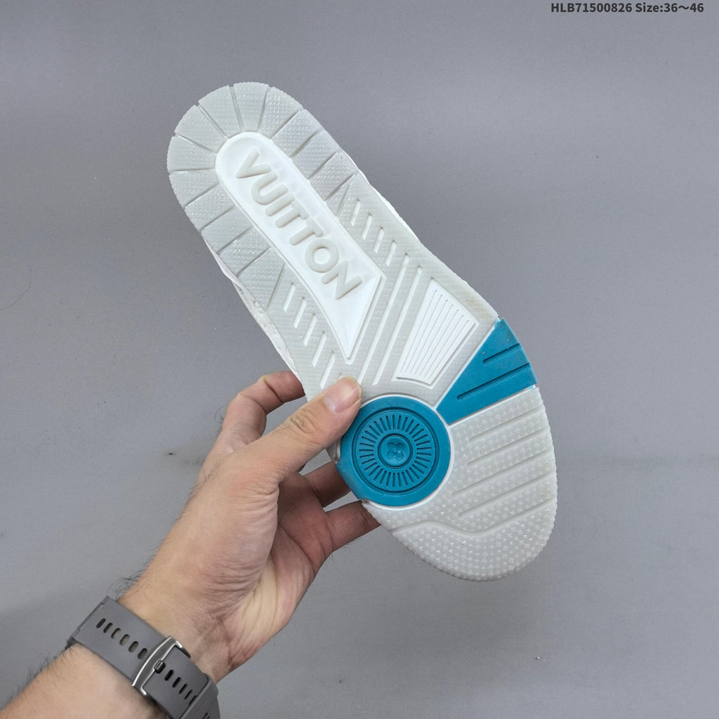 Louis Vuitton White Low-Cut Sneakers with Blue Accents - product image from the listing.