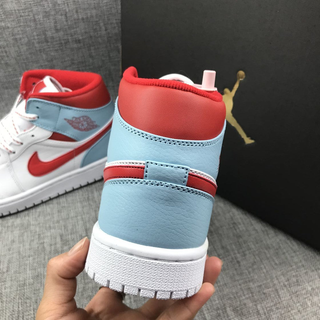 Air Jordan 1 Mid Sneakers in Ice Blue White and Red 555112-104 - product image from the listing.