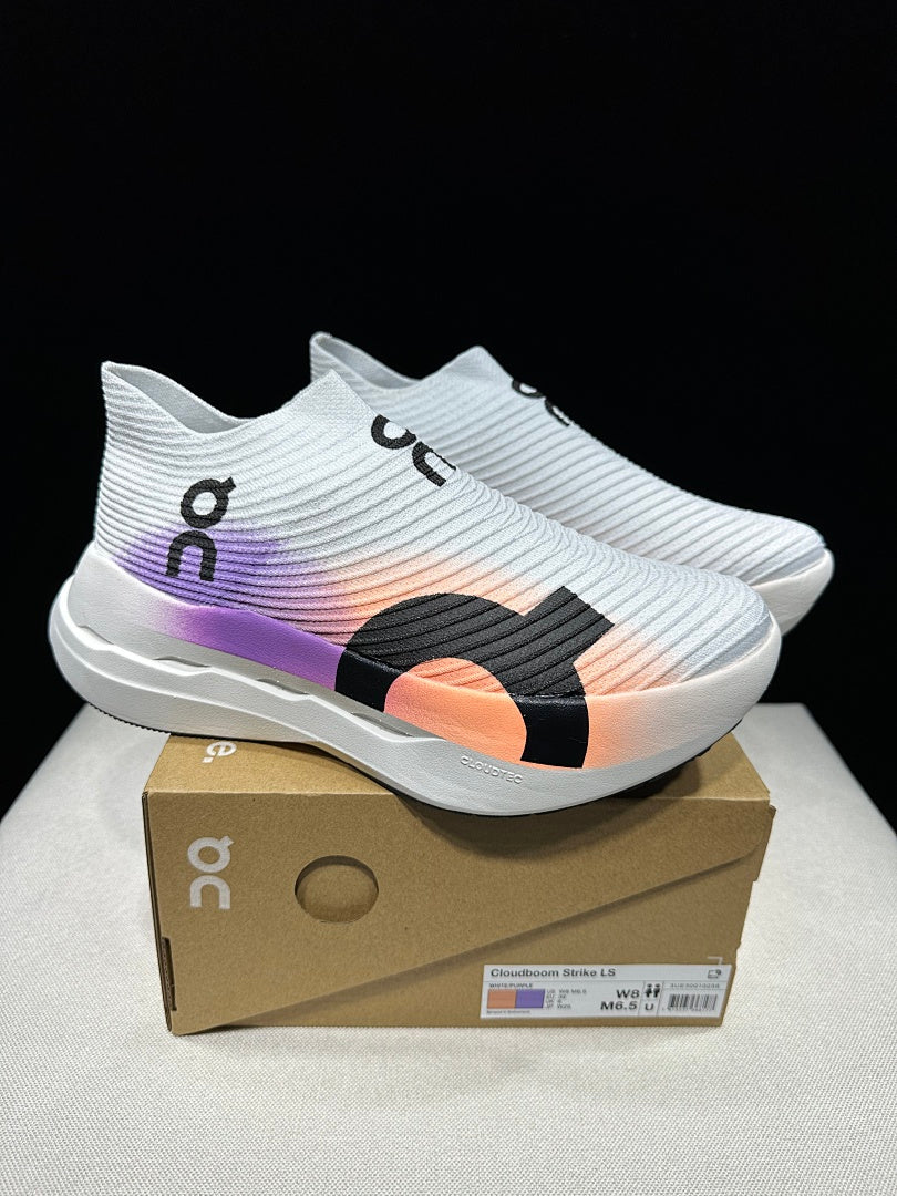 On Cloudboom Strike LS Running Shoes in White Purple - product image from the listing.