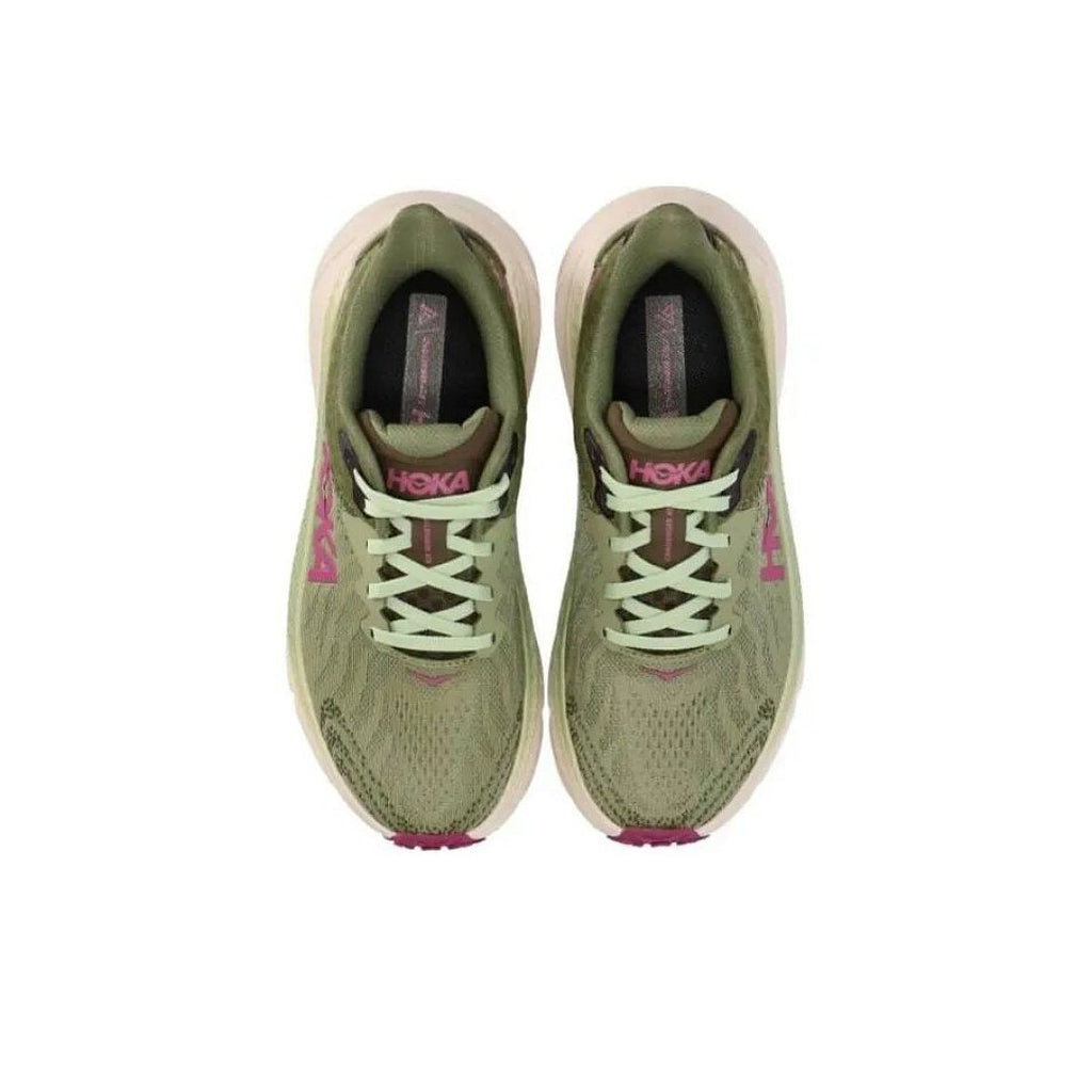 Olive Green and Pink HOKA Trail Running Shoes - product image from the listing.