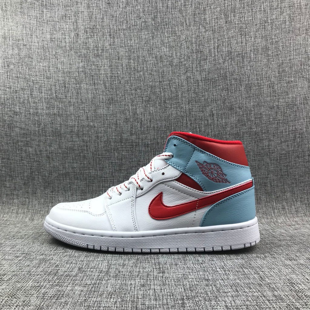 Air Jordan 1 Mid Sneakers in Ice Blue White and Red 555112-104 - product image from the listing.