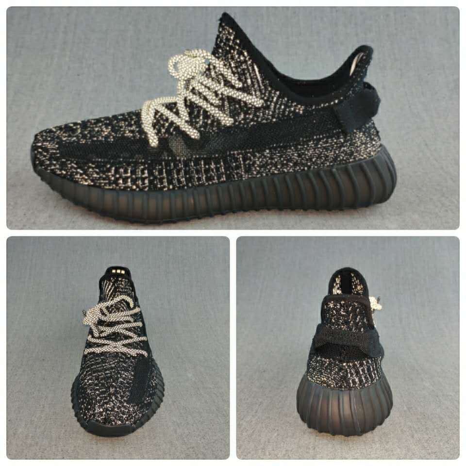 Black and Cream Yeezy 350 V2 Knit Sneakers - product image from the listing.