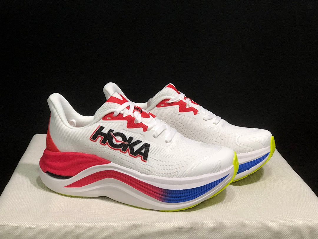 HOKA Skyward X Running Shoes, in White Red Blue - product image from the listing.
