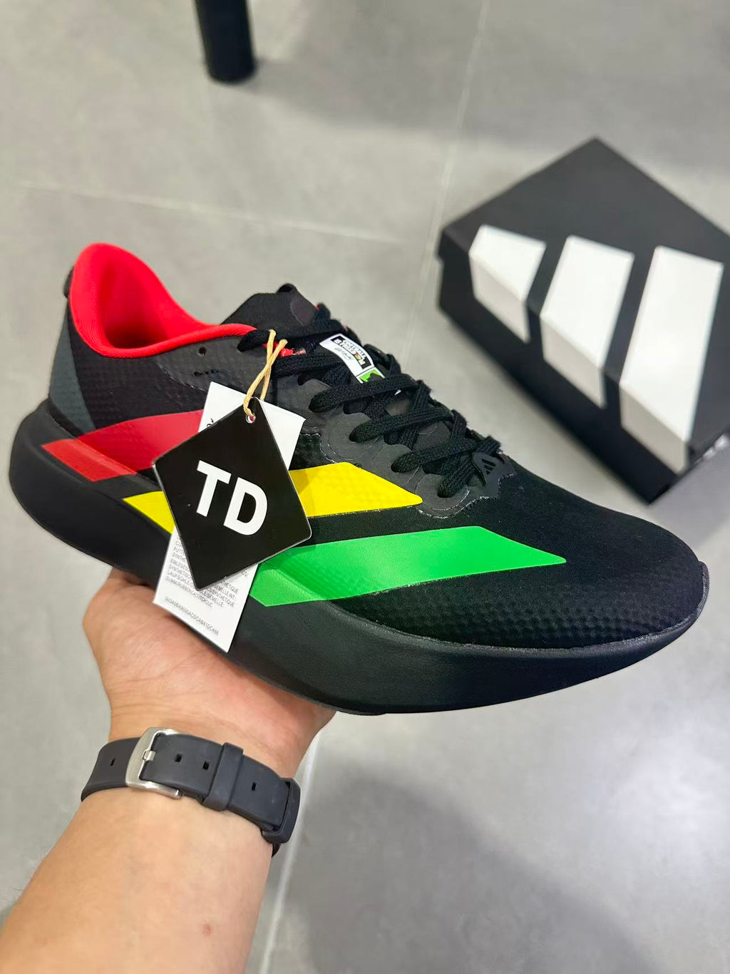 Adidas Lightstrike Pro Running Shoes, in Black Green Yellow Red KJ6160 - product image from the listing.