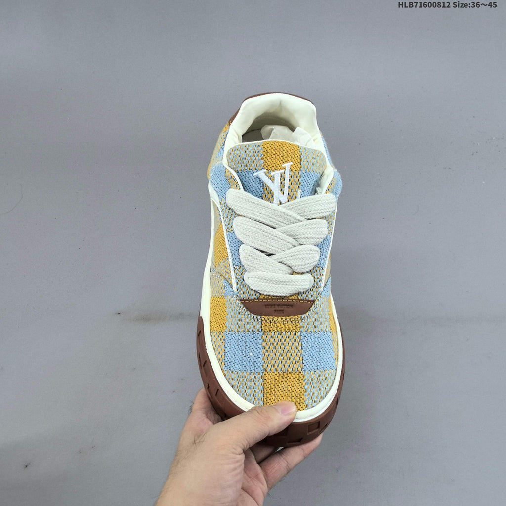 Louis Vuitton Tilted Low Trainers in Blue and Yellow Check - product image from the listing.