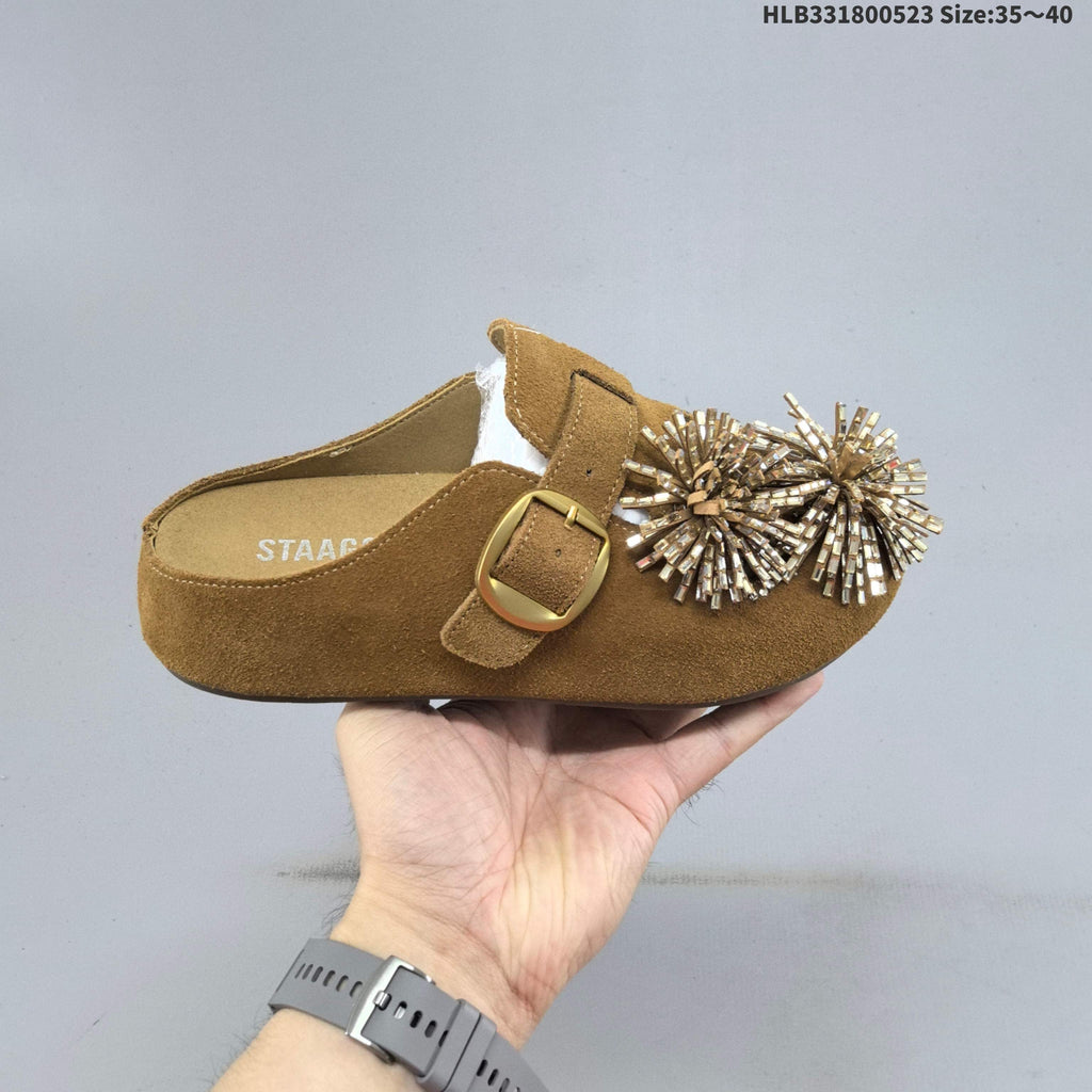 Embellished Brown Backless Slip-On Clogs with Buckle - product image from the listing.