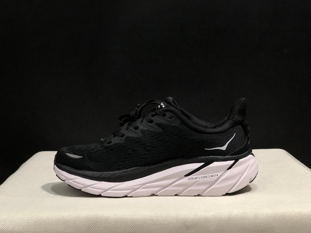 HOKA Clifton 8 Running Shoes, in Black and White - product image from the listing.