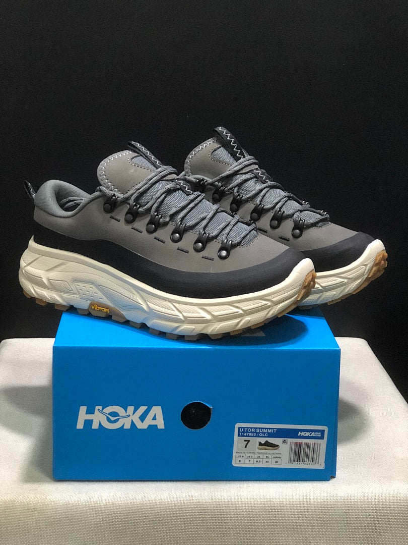 Gray and Black HOKA Tor Summit Trail Shoes - product image from the listing.