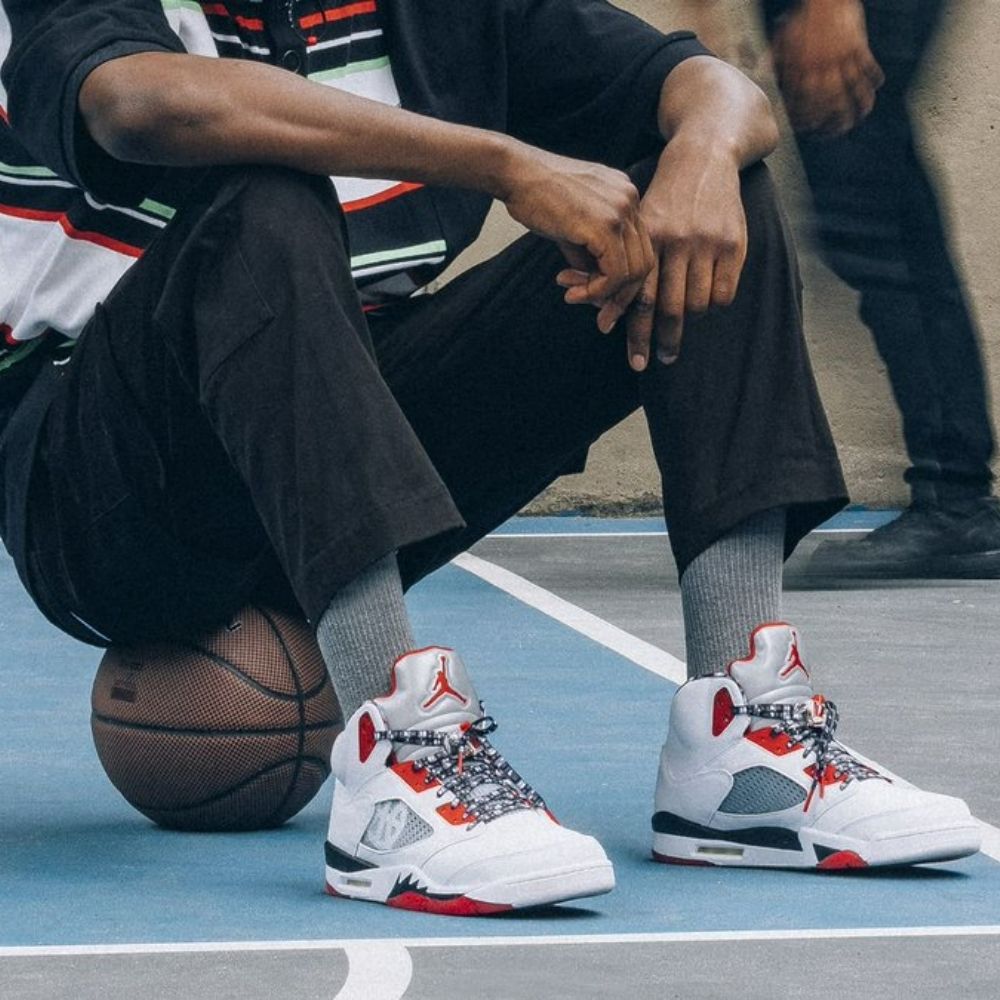 Air Jordan 5 Retro Quai 54 in White University Red - product image from the listing.