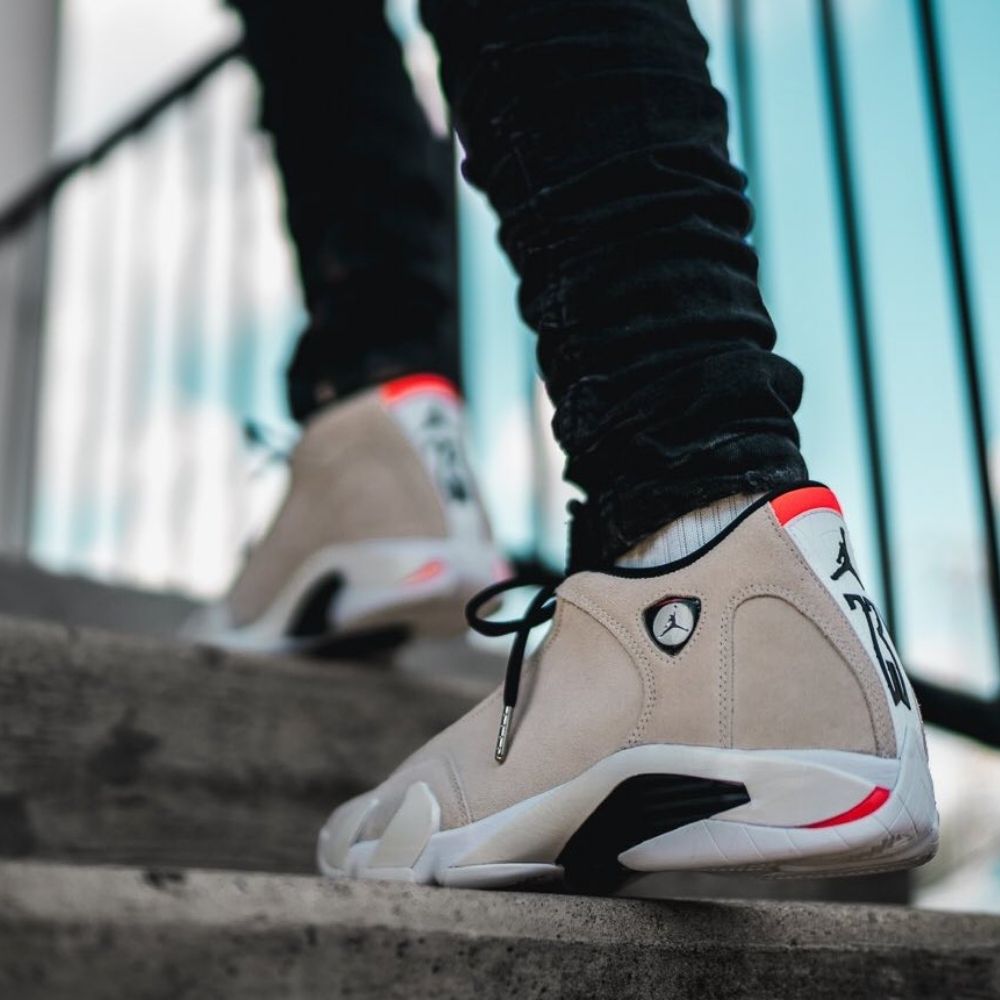 Air Jordan 14 Retro in Desert Sand Tan White - product image from the listing.