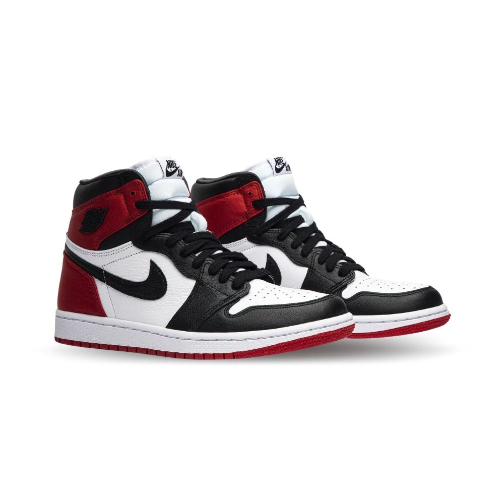 Air Jordan 1 Retro High Satin Black Toe in Red - product image from the listing.