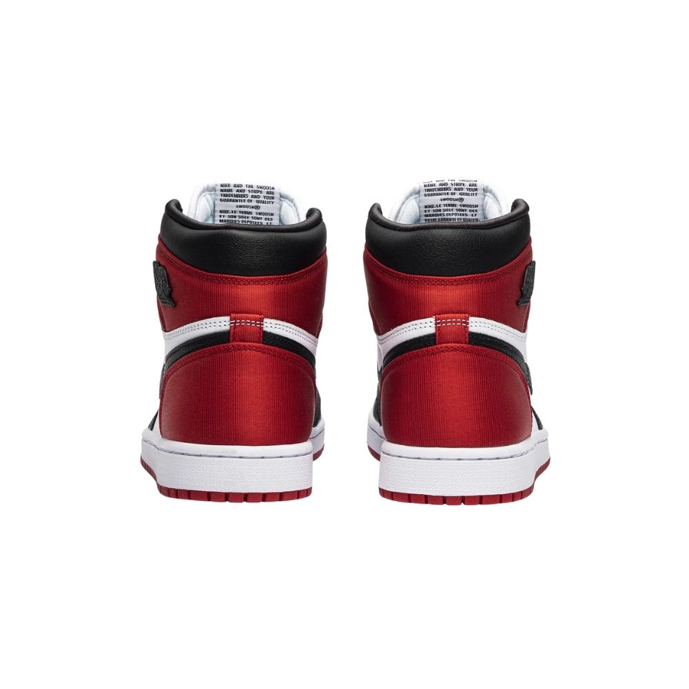 Air Jordan 1 Retro High Satin Black Toe in Red - product image from the listing.