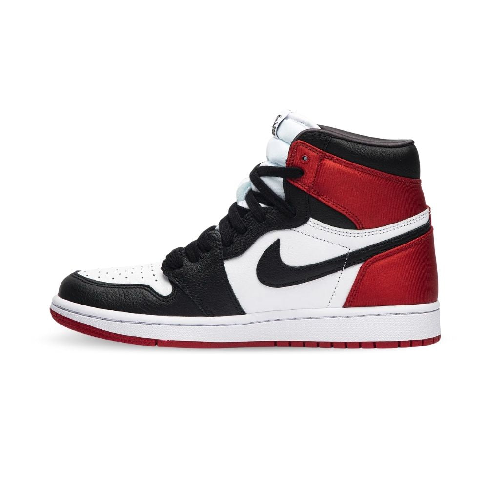 Air Jordan 1 Retro High Satin Black Toe in Red - product image from the listing.
