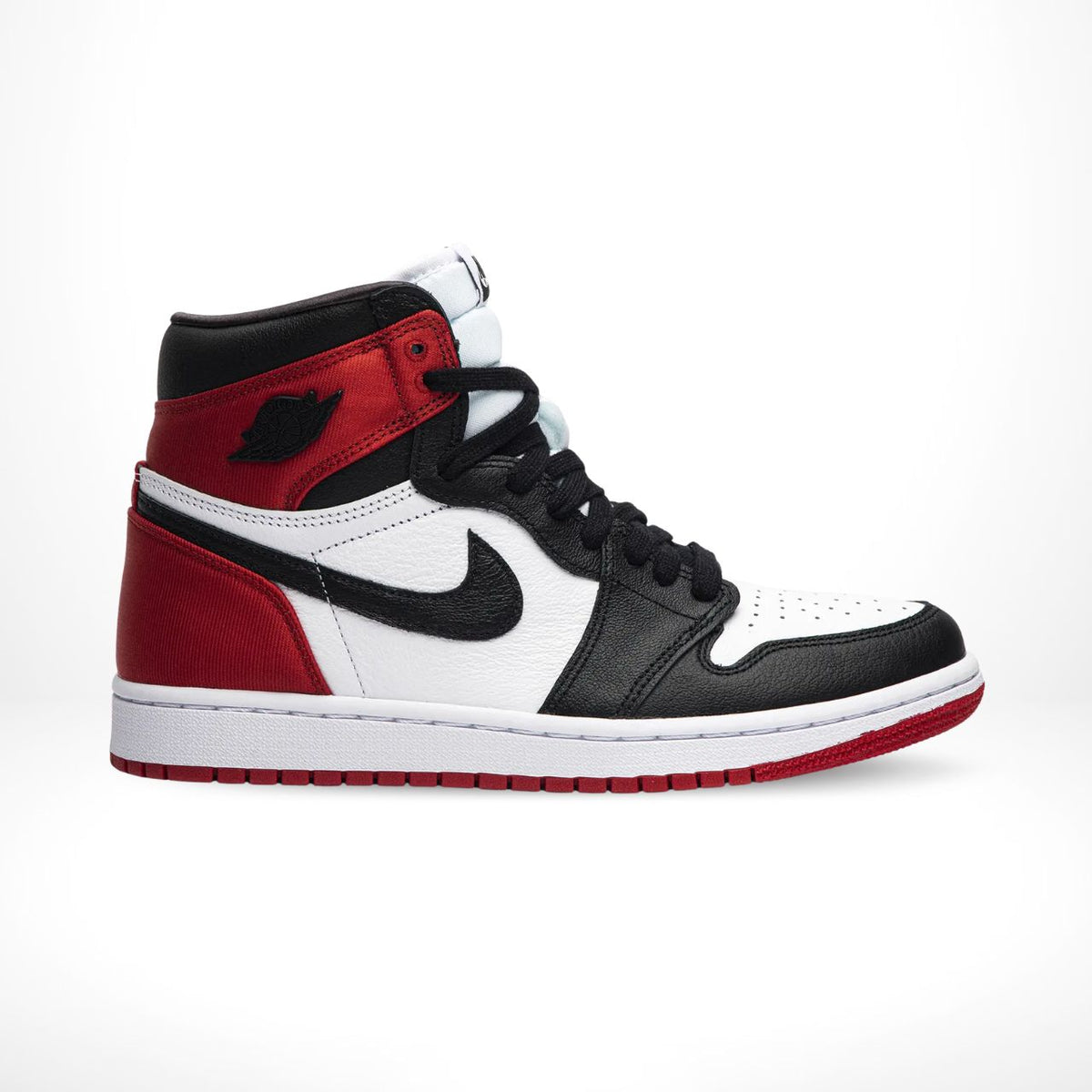 Air Jordan 1 Retro High Satin Black Toe in Red - product image from the listing.