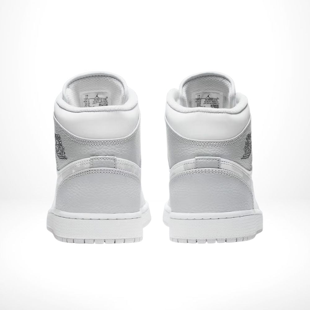 Air Jordan 1 Mid Swoosh Logo Grey Camo in White - product image from the listing.