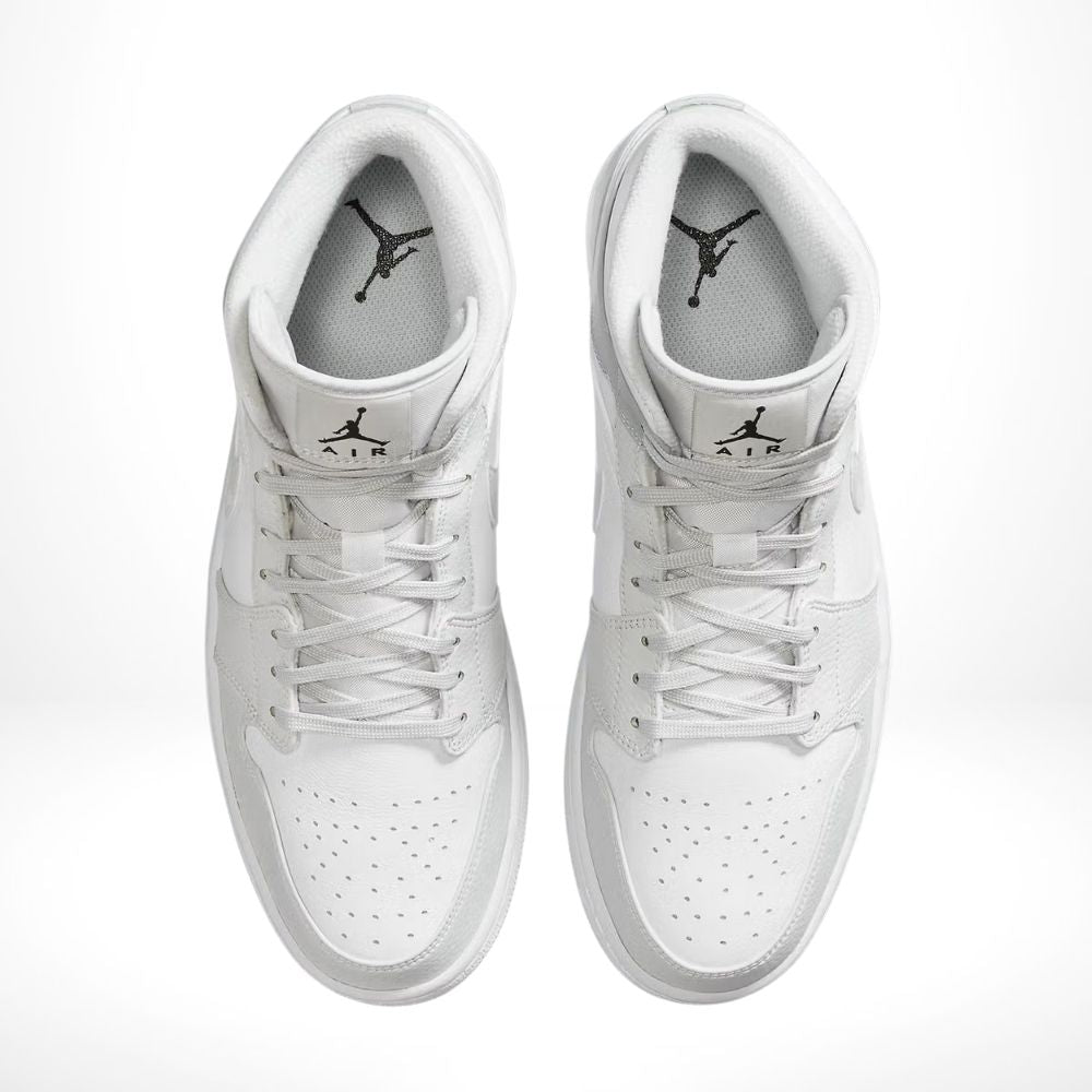 Air Jordan 1 Mid Swoosh Logo Grey Camo in White - product image from the listing.