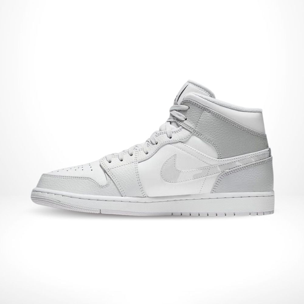 Air Jordan 1 Mid Swoosh Logo Grey Camo in White - product image from the listing.