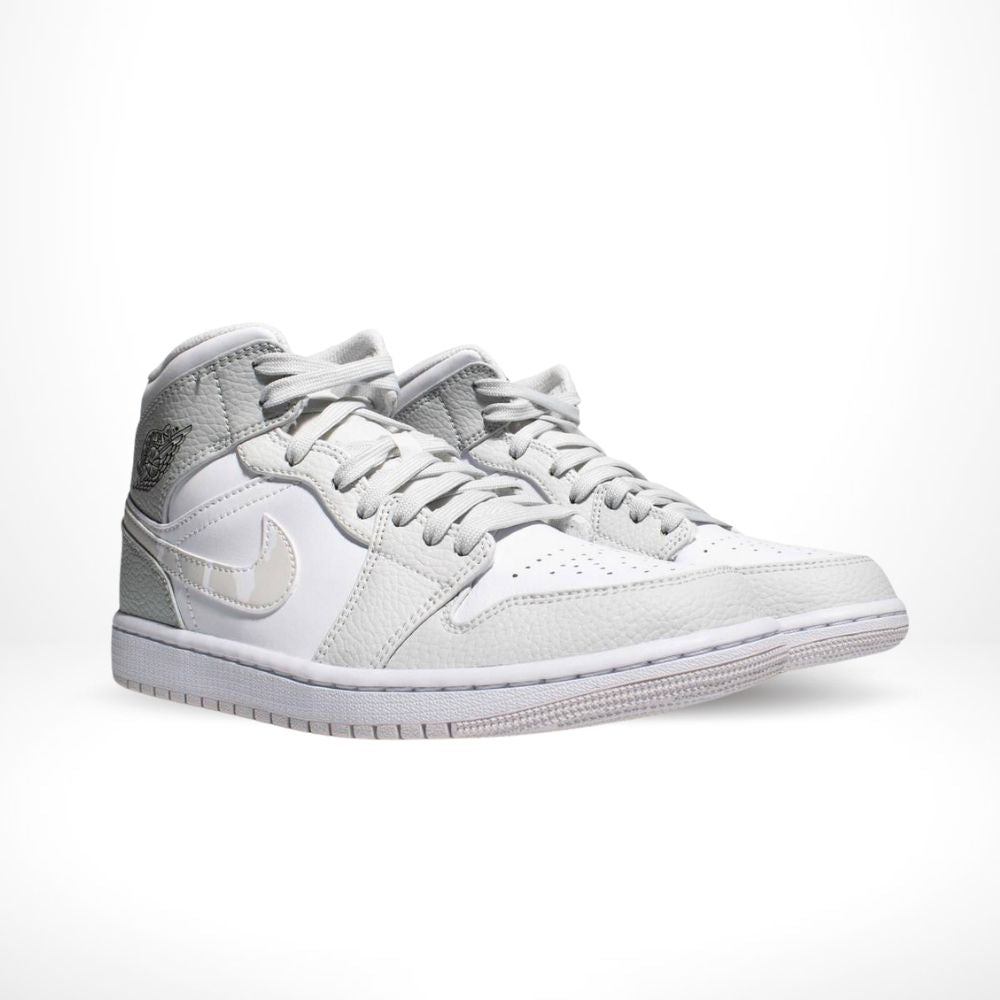 Air Jordan 1 Mid Swoosh Logo Grey Camo in White - product image from the listing.