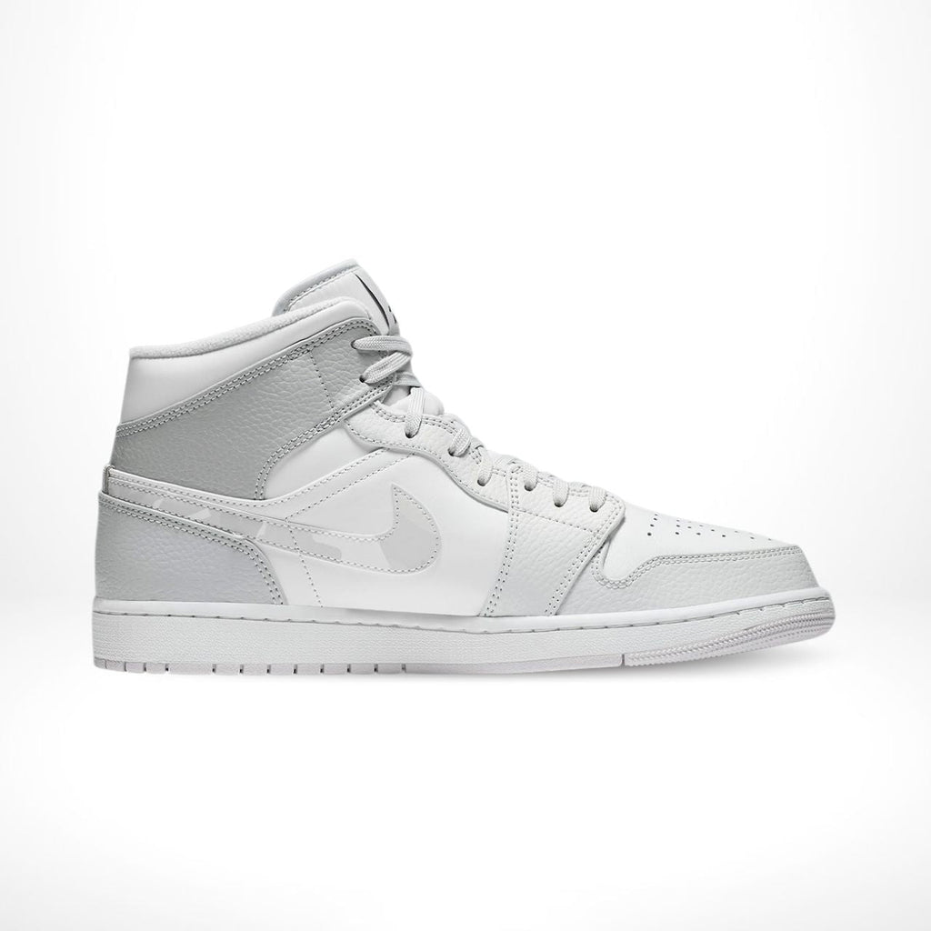 Air Jordan 1 Mid Swoosh Logo Grey Camo in White - product image from the listing.
