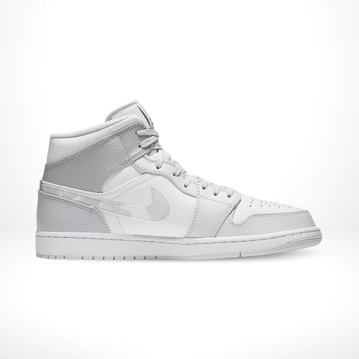 Air Jordan 1 Mid Swoosh Logo Grey Camo in White - product image from the listing.