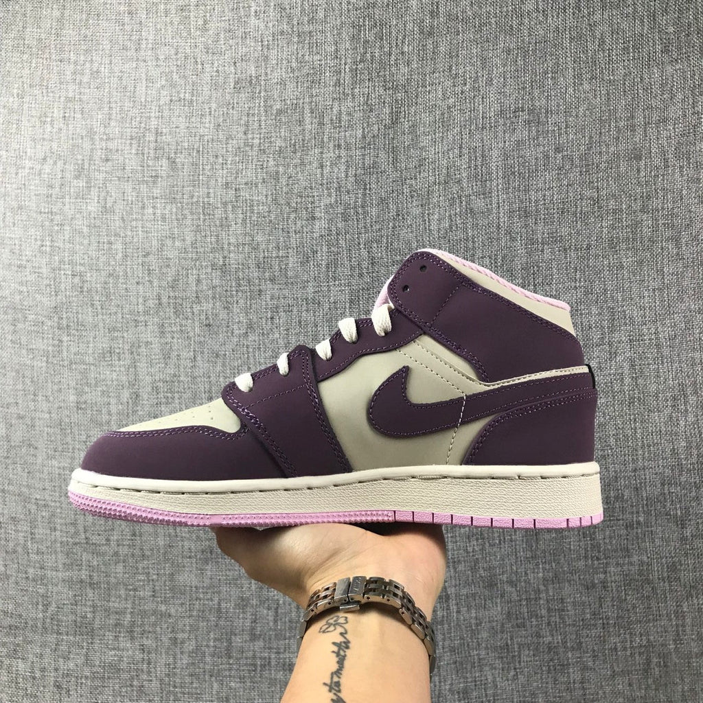 Air Jordan 1 Mid GS Sneakers in White Purple Pink - product image from the listing.