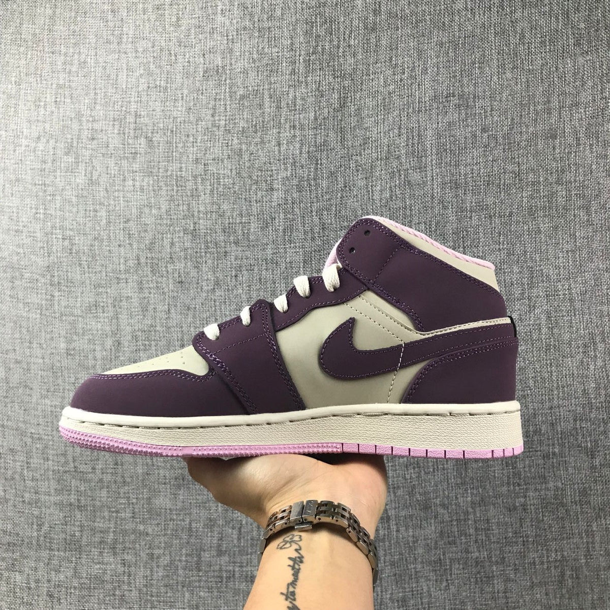Air Jordan 1 Mid GS Sneakers in White Purple Pink - product image from the listing.