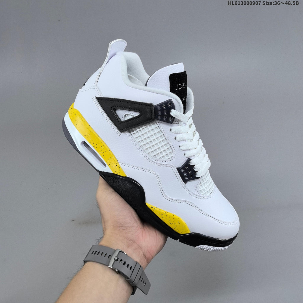 Air Jordan 4 Retro White Yellow Black Sneakers - product image from the listing.