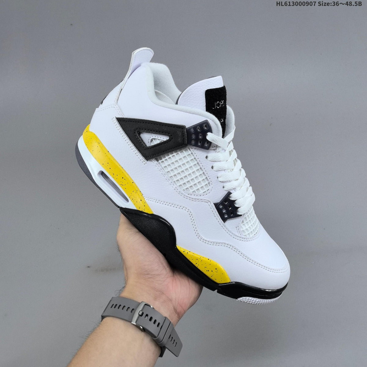 Air Jordan 4 Retro White Yellow Black Sneakers - product image from the listing.