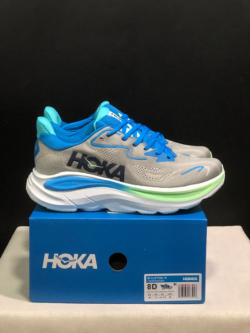 Gray and Blue HOKA Clifton 10 Running Shoes - product image from the listing.