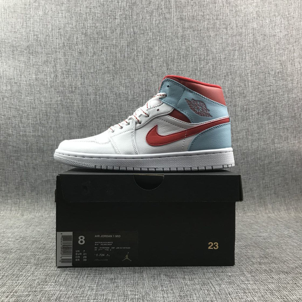 Air Jordan 1 Mid Sneakers in Ice Blue White and Red 555112-104 - product image from the listing.