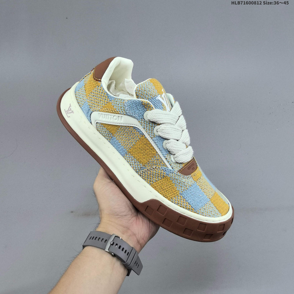 Louis Vuitton Tilted Low Trainers in Blue and Yellow Check - product image from the listing.