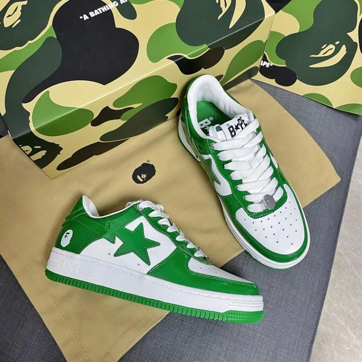 BAPE STA Low Trainers in Green and White 1H70-191-001 - product image from the listing.