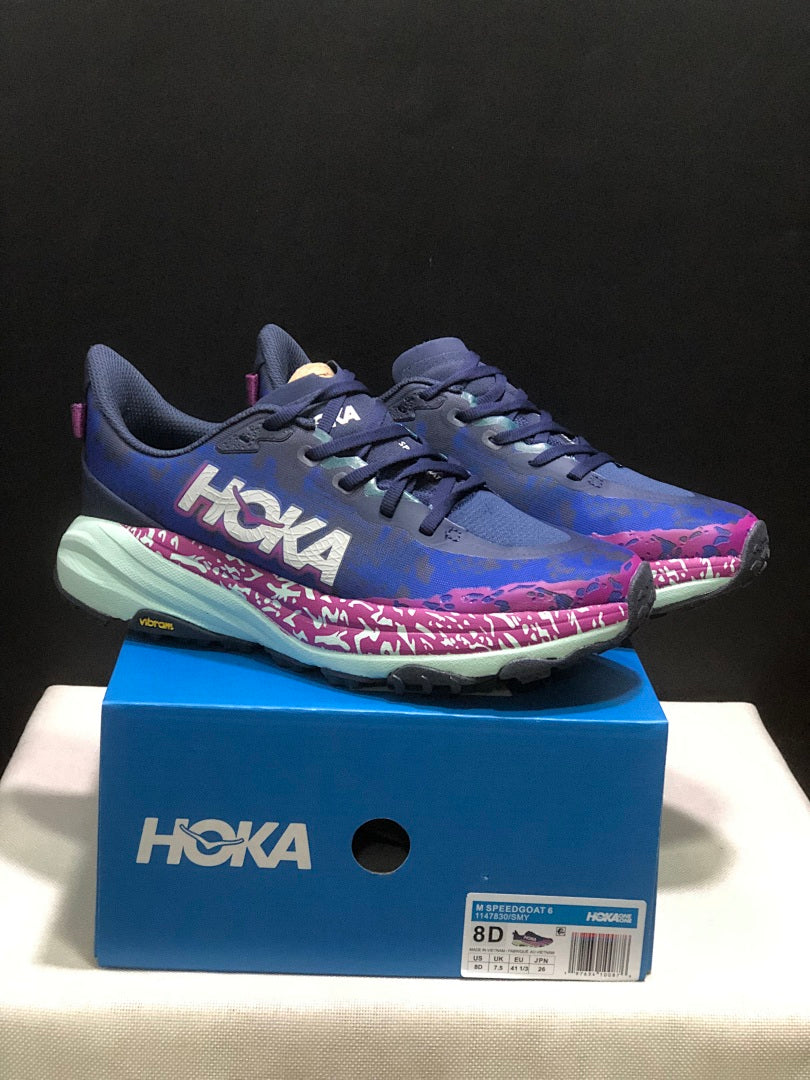HOKA Speedgoat 6 Trail Running Shoes, in Blue and Pink - product image from the listing.